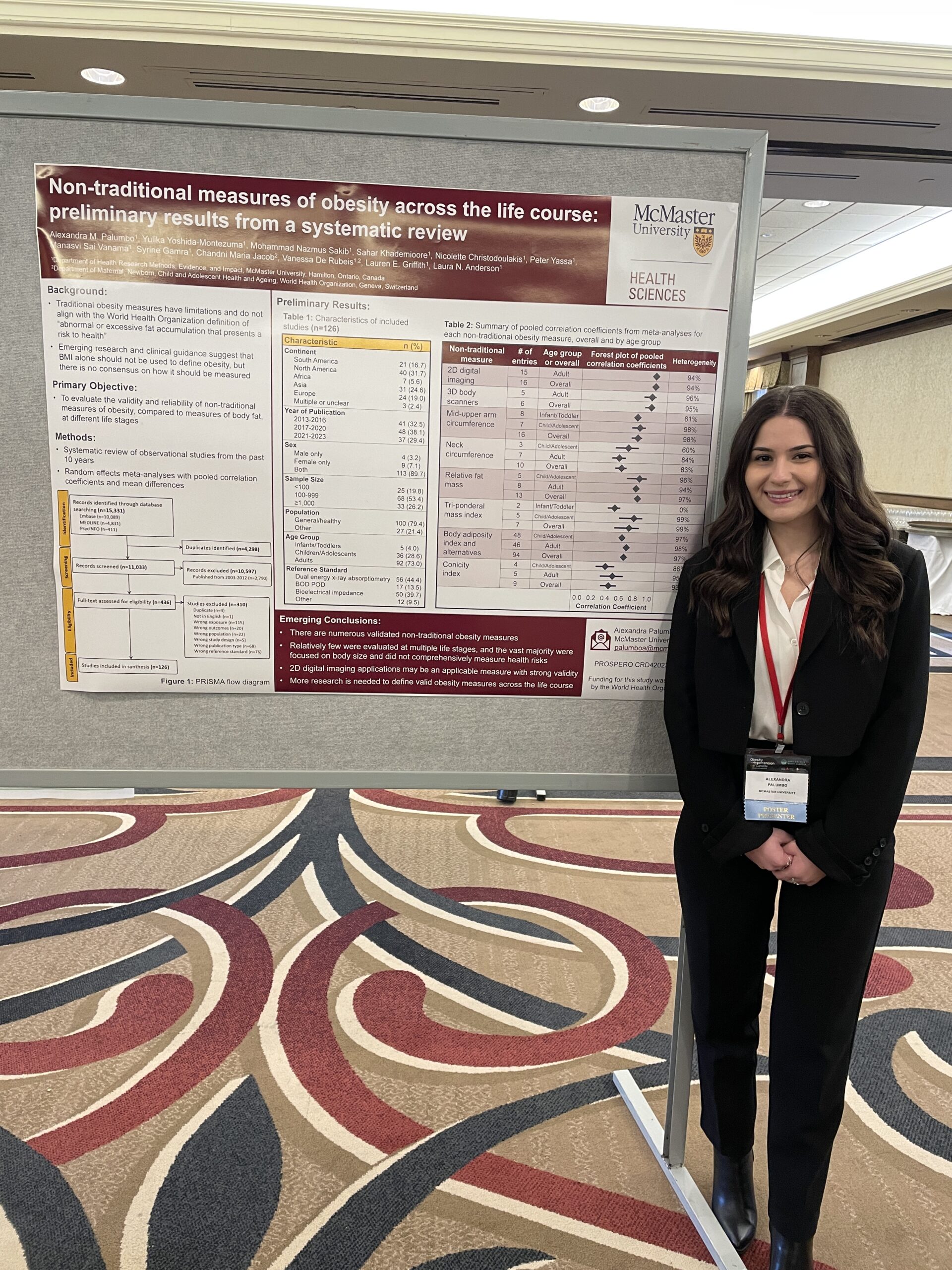 Alexandra and her poster in the background at the Obesity and Hypertension conference