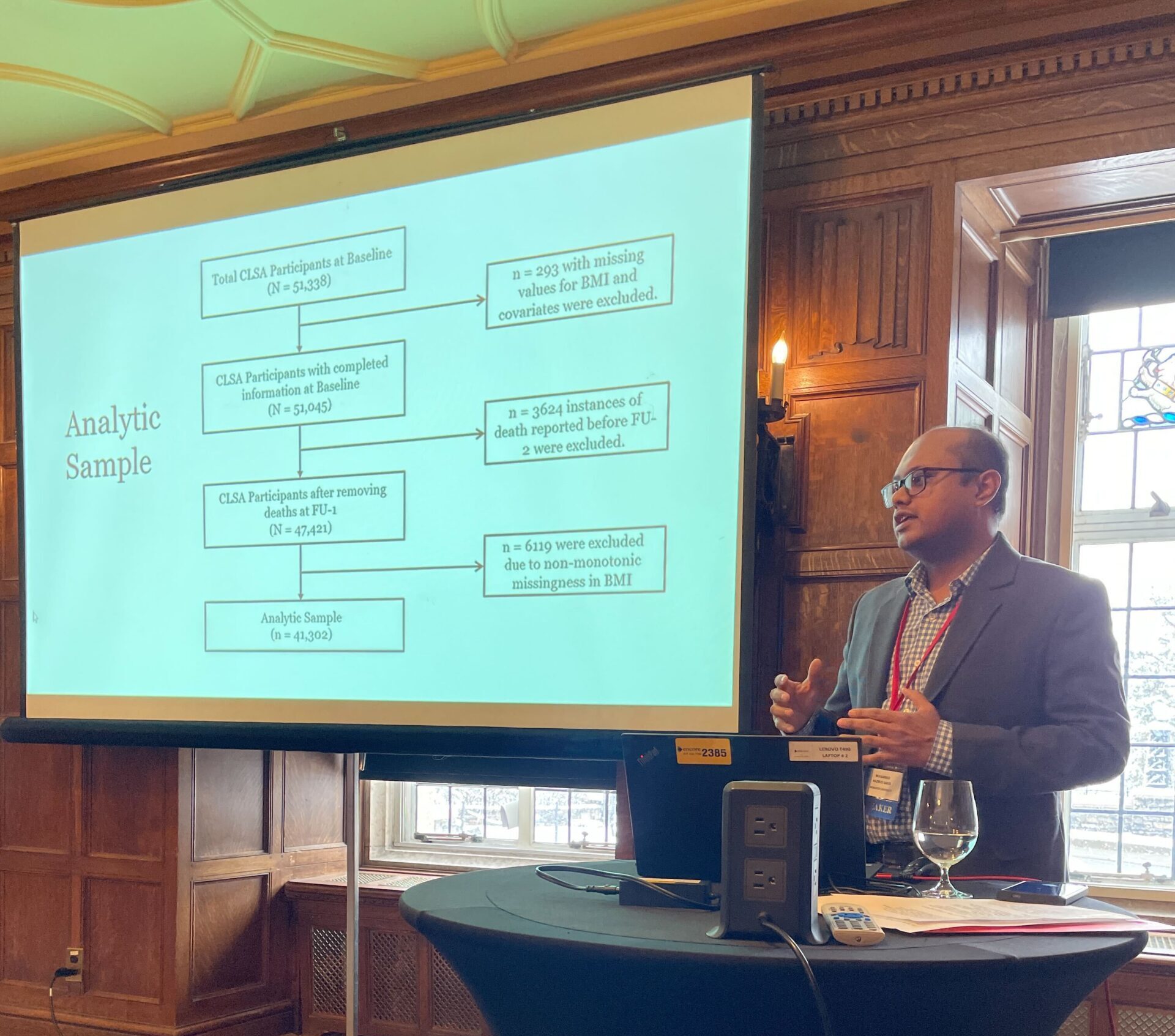 Nazmus presenting at a podium with his slides in the background at the Obesity and Hypertension conference