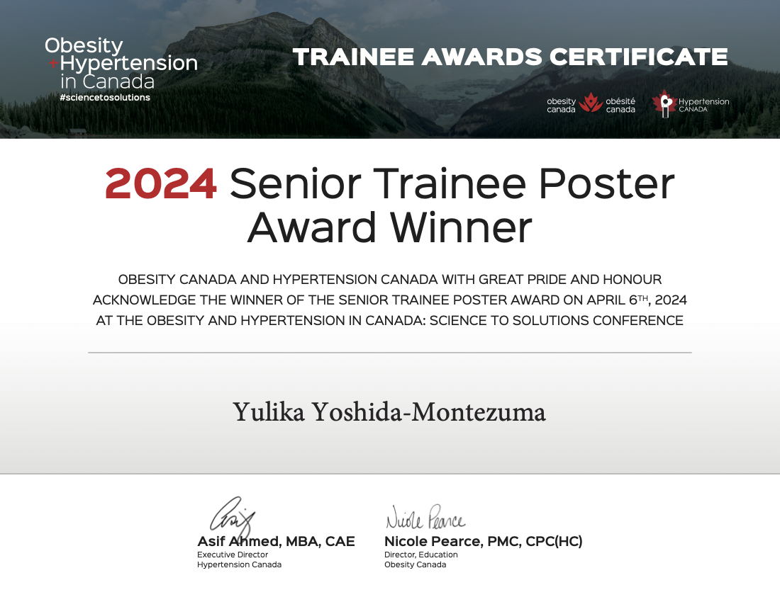 Yulika's award from the Obesity and Hypertension in Canada Conference